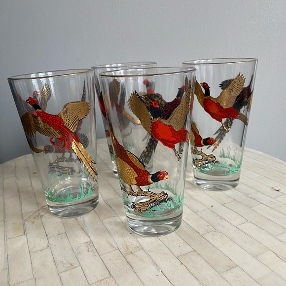 Other - Vintage Hazel Atlas Pheasant 22k Gold Plated & Rimmed Highball Glasses Set of 4